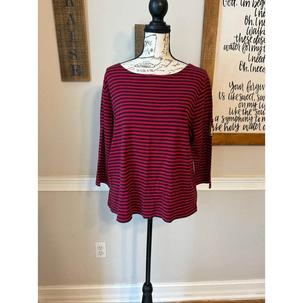 Talbots Women's Striped Boat Neck 3/4 Sleeve Top Red Navy Blue Petite Size 2X